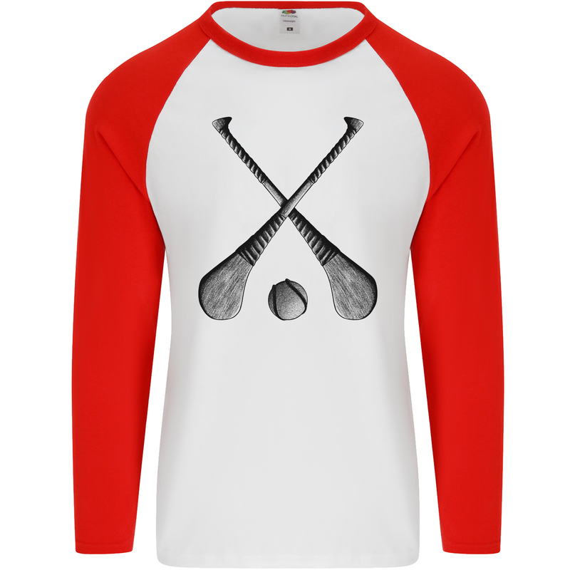 Hurling Bats and Ball Mens L/S Baseball T-Shirt White/Red