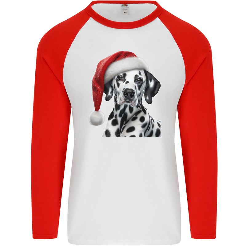 Christmas Dalmatian Wearing a Xmas Hat Dog Mens L/S Baseball T-Shirt White/Red