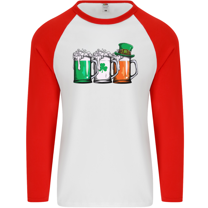 St Patricks Day Beer USA Irish Funny Mens L/S Baseball T-Shirt White/Red