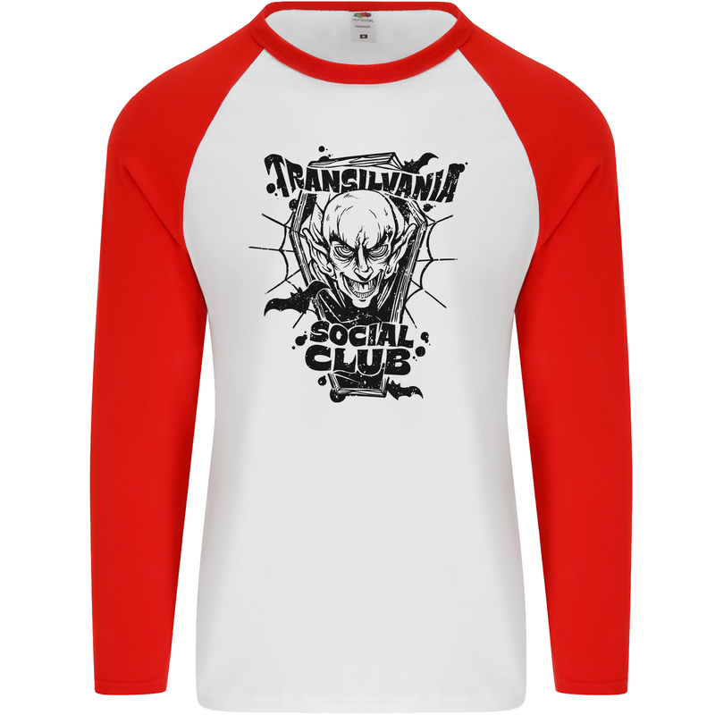 Vampires Transilvania Social Club Halloween Mens L/S Baseball T-Shirt White/Red