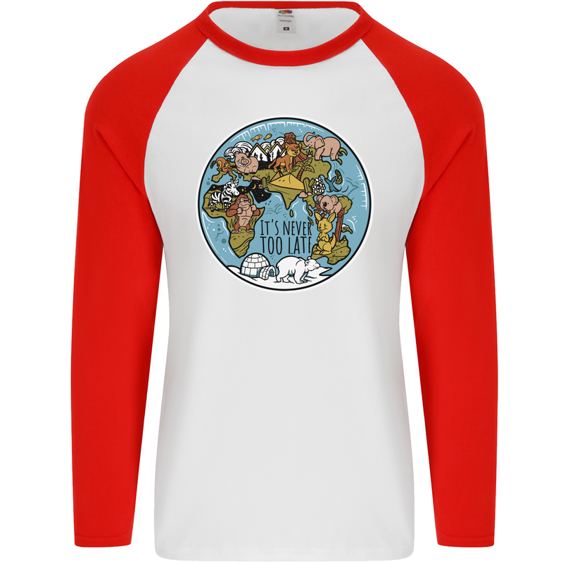 It's Never Too Late Climate Change Mens L/S Baseball T-Shirt White/Red