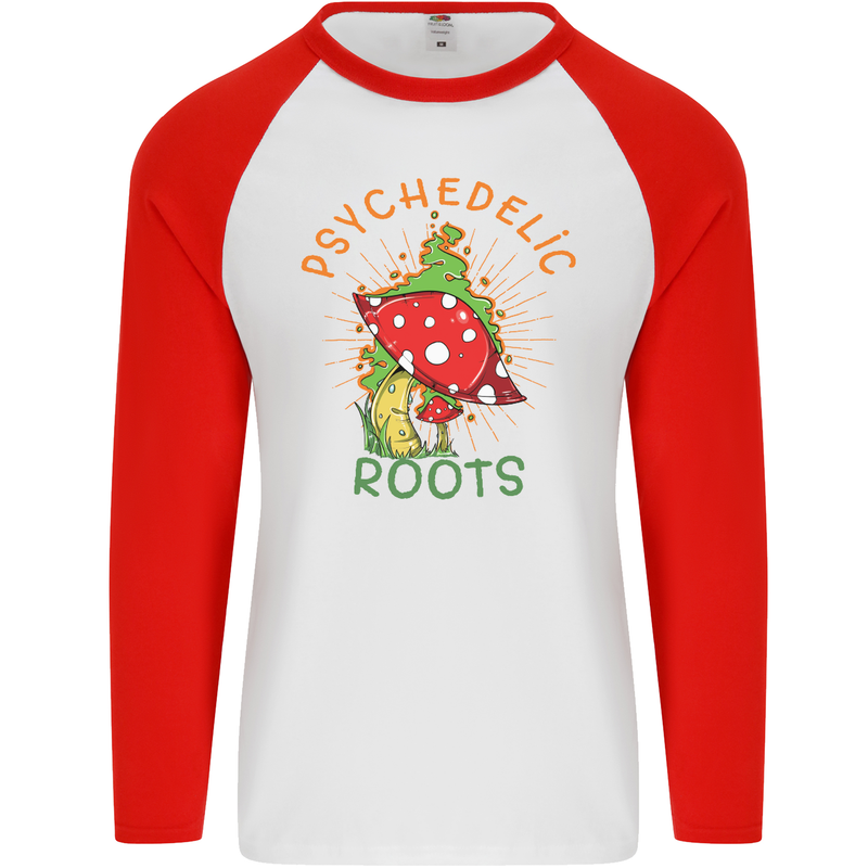 Psychedelic Roots Magic Mushrooms LSD Hippy Mens L/S Baseball T-Shirt White/Red