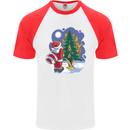 Santa Peeing on a Christmas Tree Xmas Funny Mens S/S Baseball T-Shirt White/Red