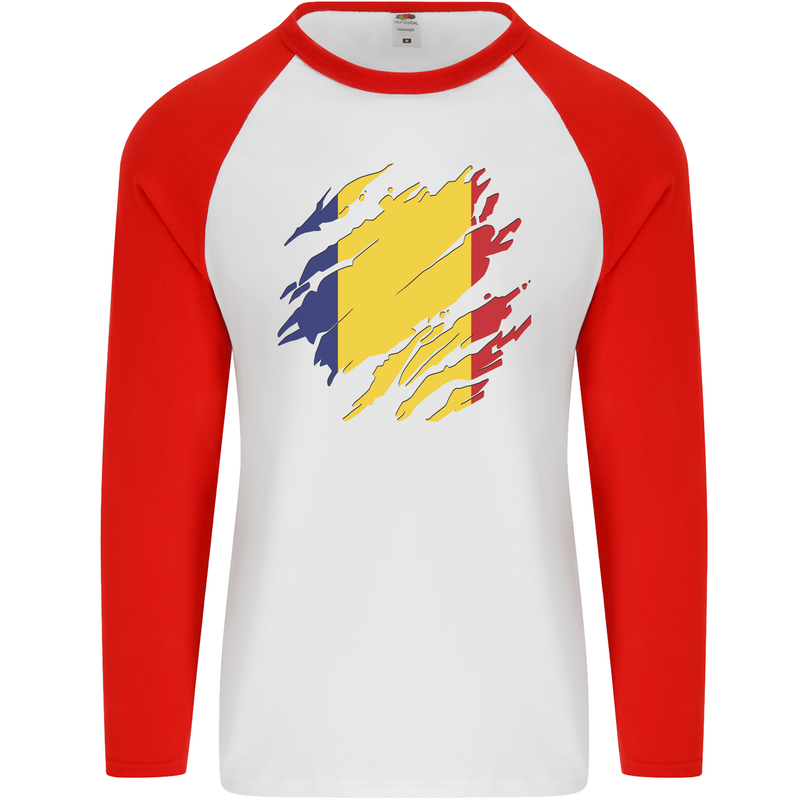 Torn Romania Flag Romanian Day Football Mens L/S Baseball T-Shirt White/Red