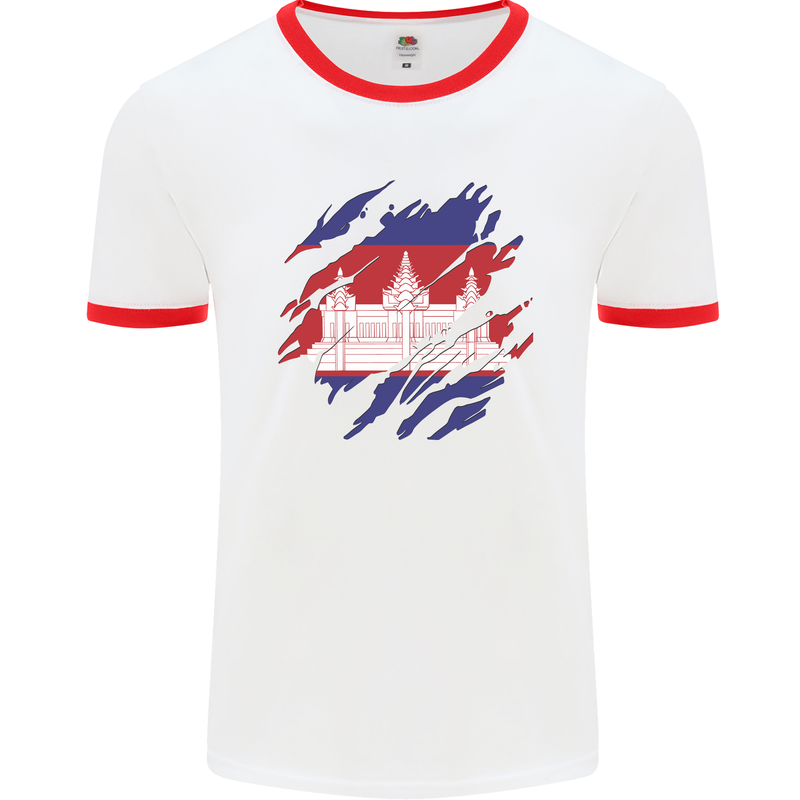 Torn Cambodia Flag Cambodian Day Football Mens Ringer T-Shirt White/Red