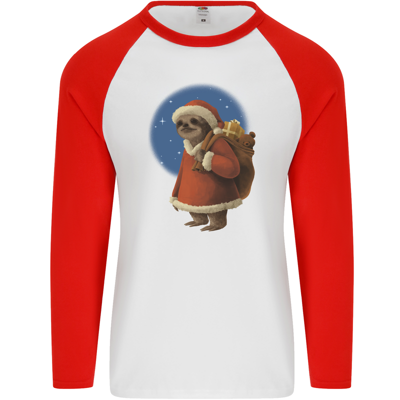 Santa Sloth Funny Christmas Xmas Mens L/S Baseball T-Shirt White/Red