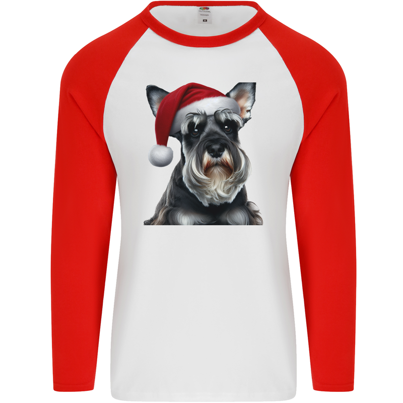 Christmas Schnauzer Dog Xmas Hat Mens L/S Baseball T-Shirt White/Red