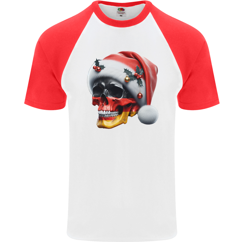 German Christmas Skull Xmas Germany Flag Mens S/S Baseball T-Shirt White/Red