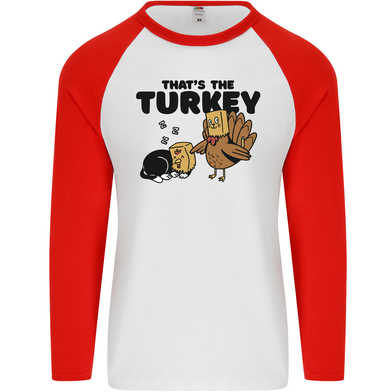 Thanksgiving Christmas Turkey Cat Mens L/S Baseball T-Shirt White/Red