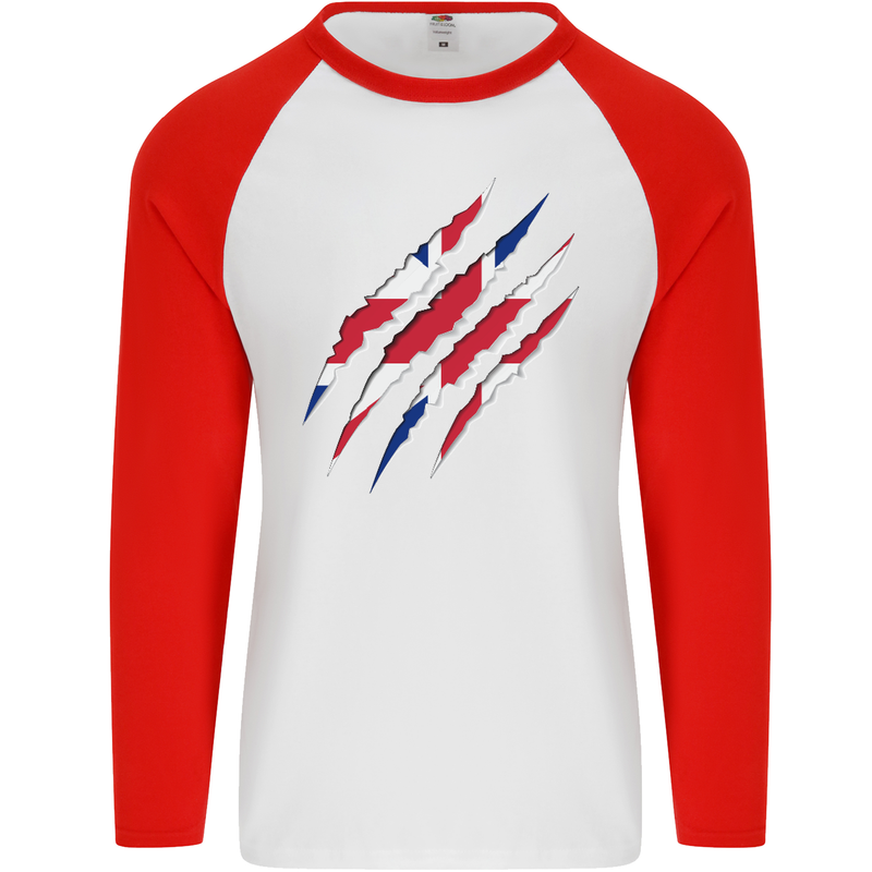 Gym The Union Jack Flag Claw Effect UK Mens L/S Baseball T-Shirt White/Red