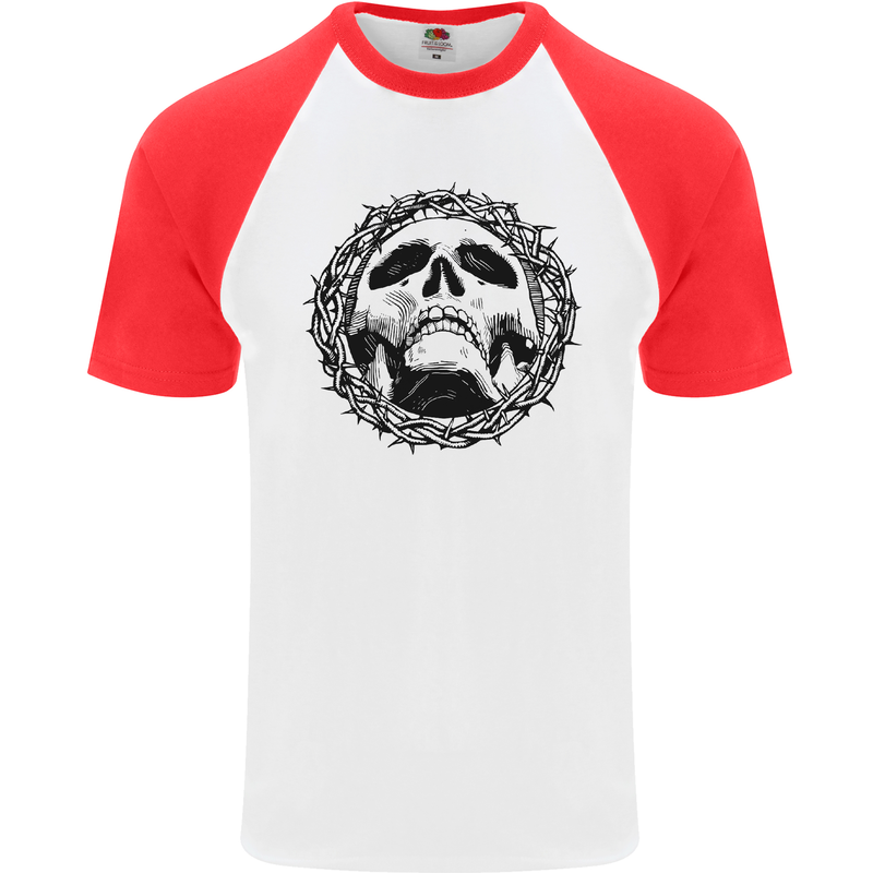 A Skull in Thorns Gothic Christ Jesus Mens S/S Baseball T-Shirt White/Red