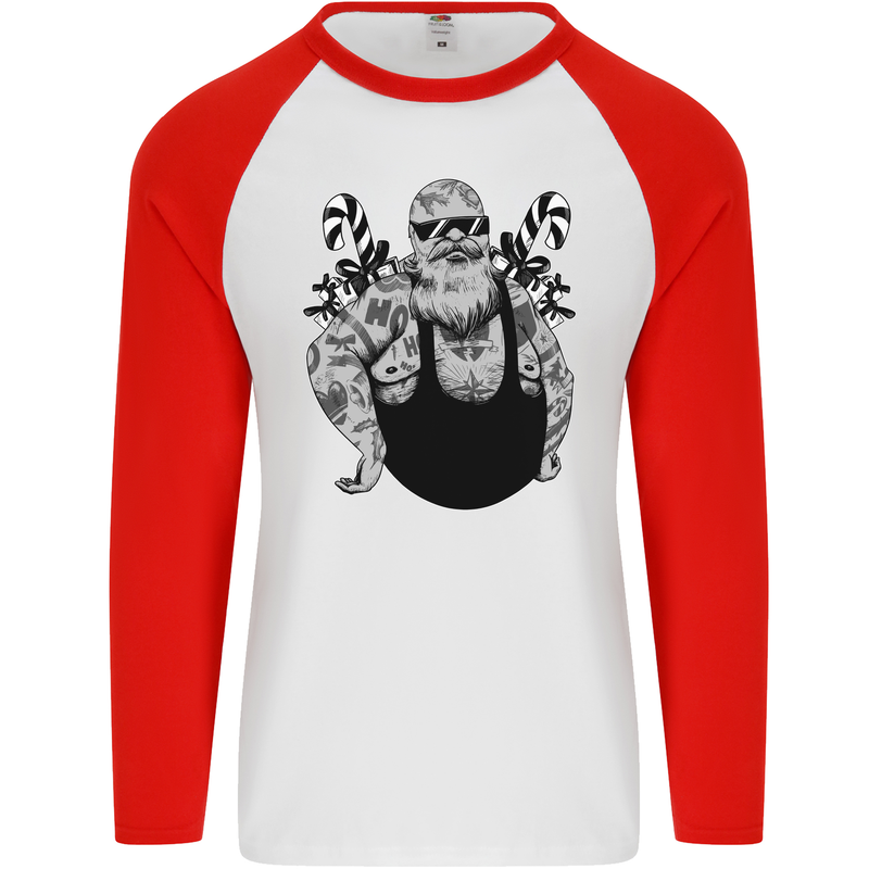 Tattoo Santa Funny Christmas Biker Motorbike Mens L/S Baseball T-Shirt White/Red