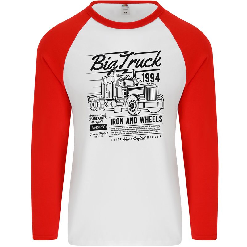 HGV Driver Big Truck Lorry Mens L/S Baseball T-Shirt White/Red