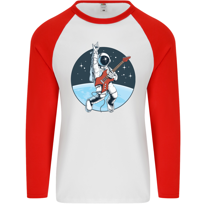 Space Rock Funny Astronaut Guitar Guitarist Mens L/S Baseball T-Shirt White/Red