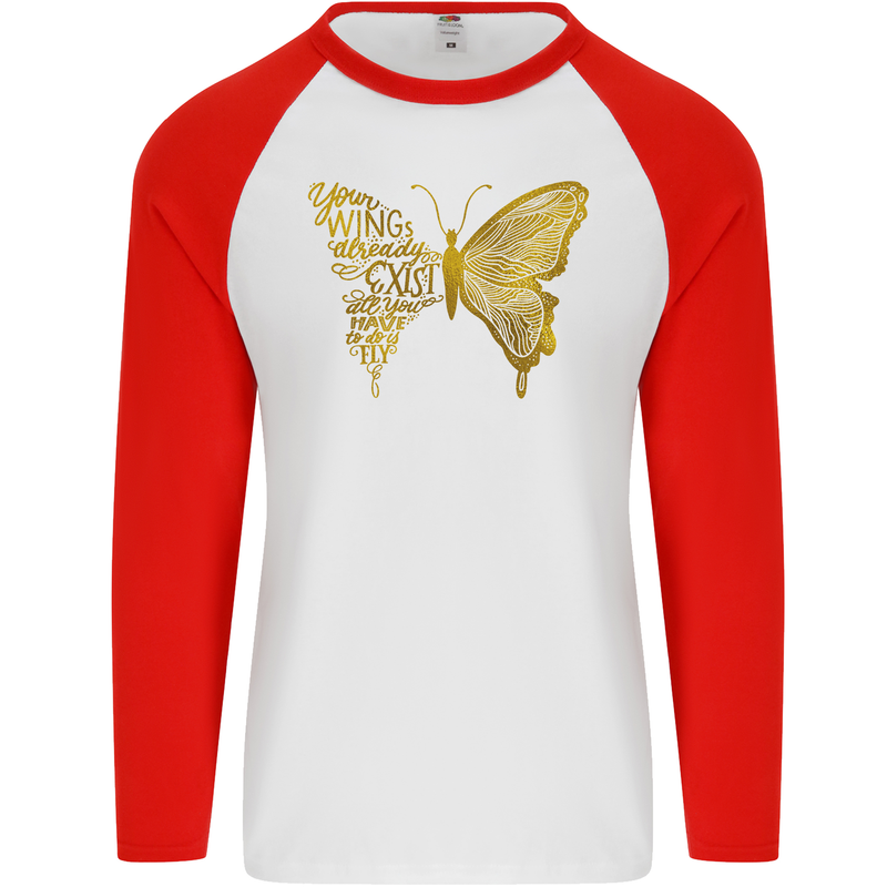 Butterfly Inspirational Quote Rhopalocera Mens L/S Baseball T-Shirt White/Red