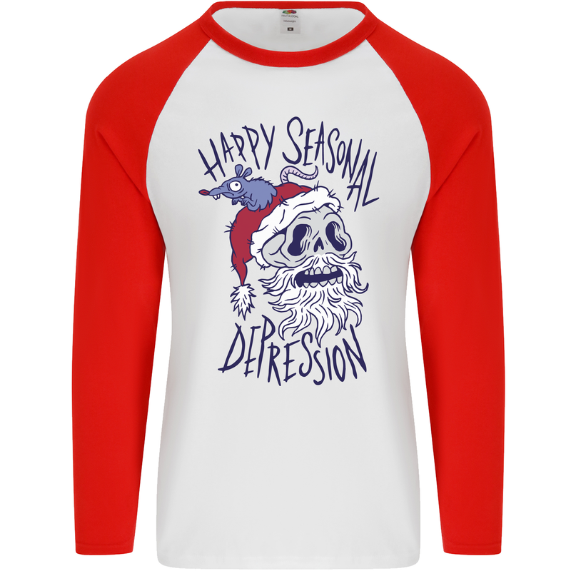 Christmas Bah Humbug Skull Scrooge Mens L/S Baseball T-Shirt White/Red