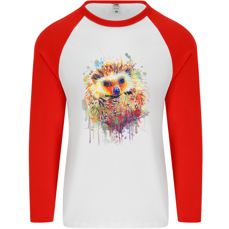 Watercolour Hedgehog Mens L/S Baseball T-Shirt White/Red