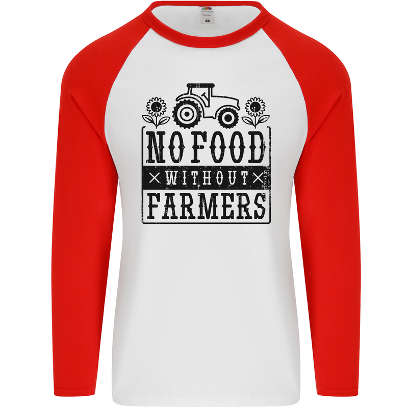 No Food Without Farmers Farming Mens L/S Baseball T-Shirt White/Red