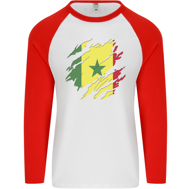 Torn Senegal Flag Senegalese Day Football Mens L/S Baseball T-Shirt White/Red
