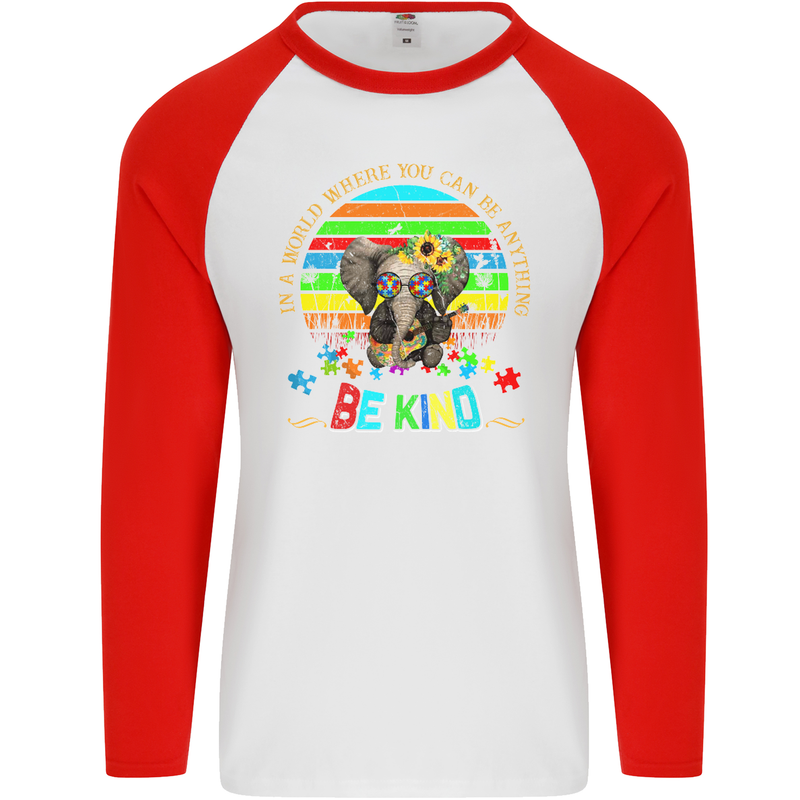 Autism Be Kind Elephant Autistic Mens L/S Baseball T-Shirt White/Red