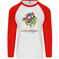 Dripping Rubik Cube Funny Puzzle Mens L/S Baseball T-Shirt White/Red