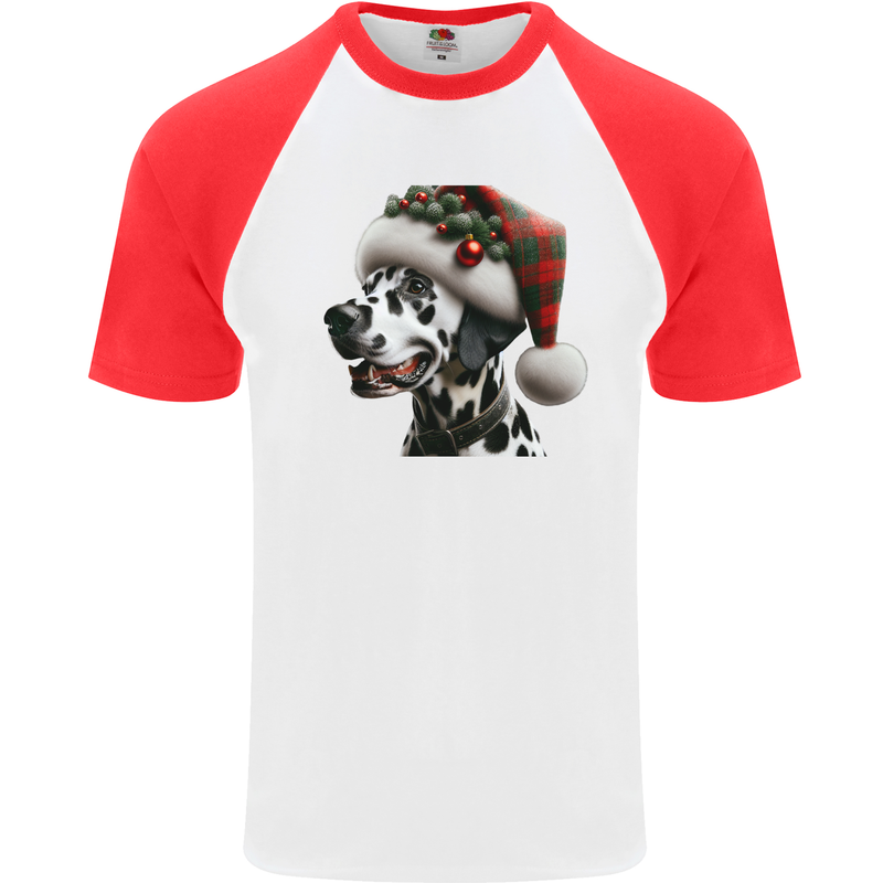 Christmas Dalmatian Dog Wearing a Xmas Hat Mens S/S Baseball T-Shirt White/Red