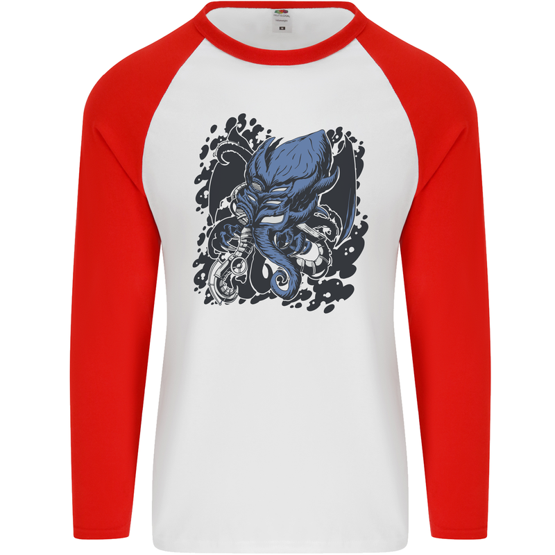 Cyberpunk Cthulhu Kraken Octopus Mens L/S Baseball T-Shirt White/Red