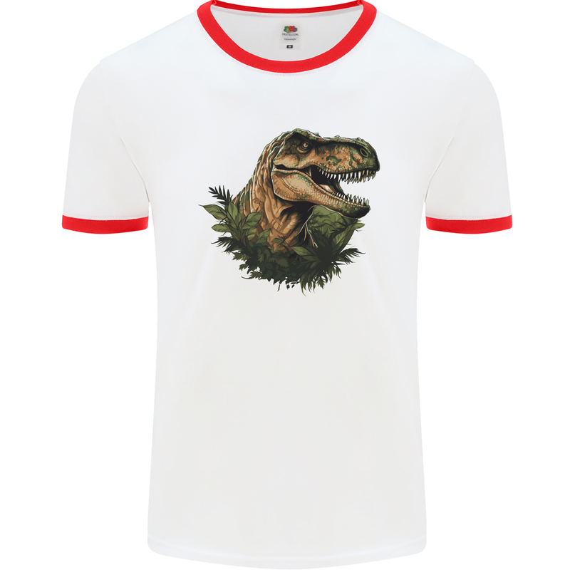 T-Rex Head in Foliage Dinosaur Mens Ringer T-Shirt White/Red