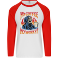 No Coffee No Work Funny Skull Grim Reaper Mens L/S Baseball T-Shirt White/Red