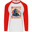 No Coffee No Work Funny Skull Grim Reaper Mens L/S Baseball T-Shirt White/Red