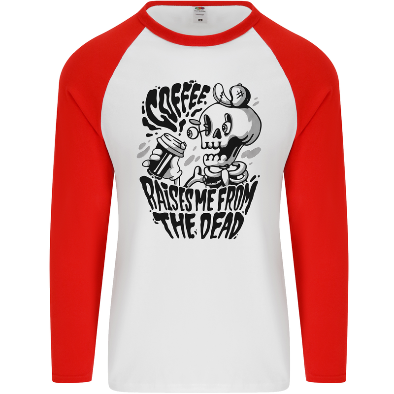 Coffee Raises Me from the Dead Skull Mens L/S Baseball T-Shirt White/Red