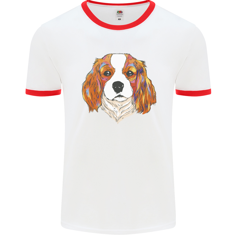 A Colourful King Charles Spaniel Dog Mens Ringer T-Shirt White/Red