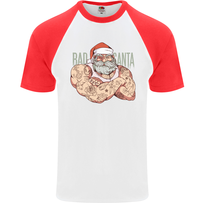 Bad Santa Christmas Tattoo Xmas Biker Gym Mens S/S Baseball T-Shirt White/Red