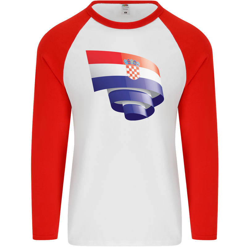 Curled Croatia Flag Croatian Day Football Mens L/S Baseball T-Shirt White/Red