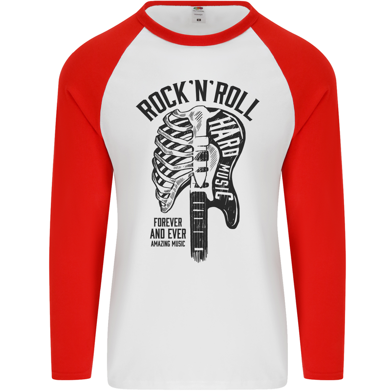 Rock N Roll Forever and Ever Guitar Mens L/S Baseball T-Shirt White/Red