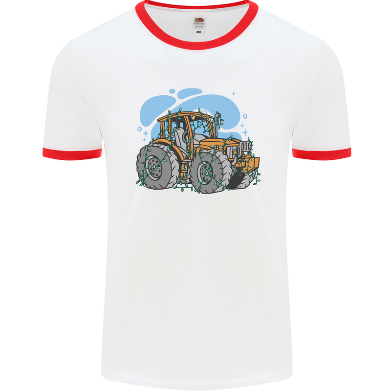 Christmas Tractor Farming Farmer Xmas Mens Ringer T-Shirt White/Red