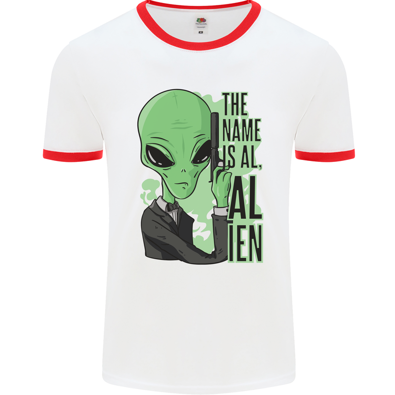 The Name is Al Alien Funny Movie Parody Mens Ringer T-Shirt White/Red