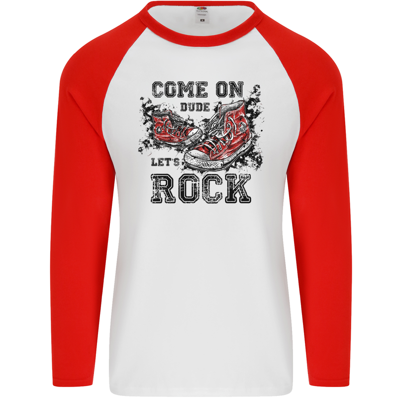 Come on Dude Let's Rock Trainers Mens L/S Baseball T-Shirt White/Red