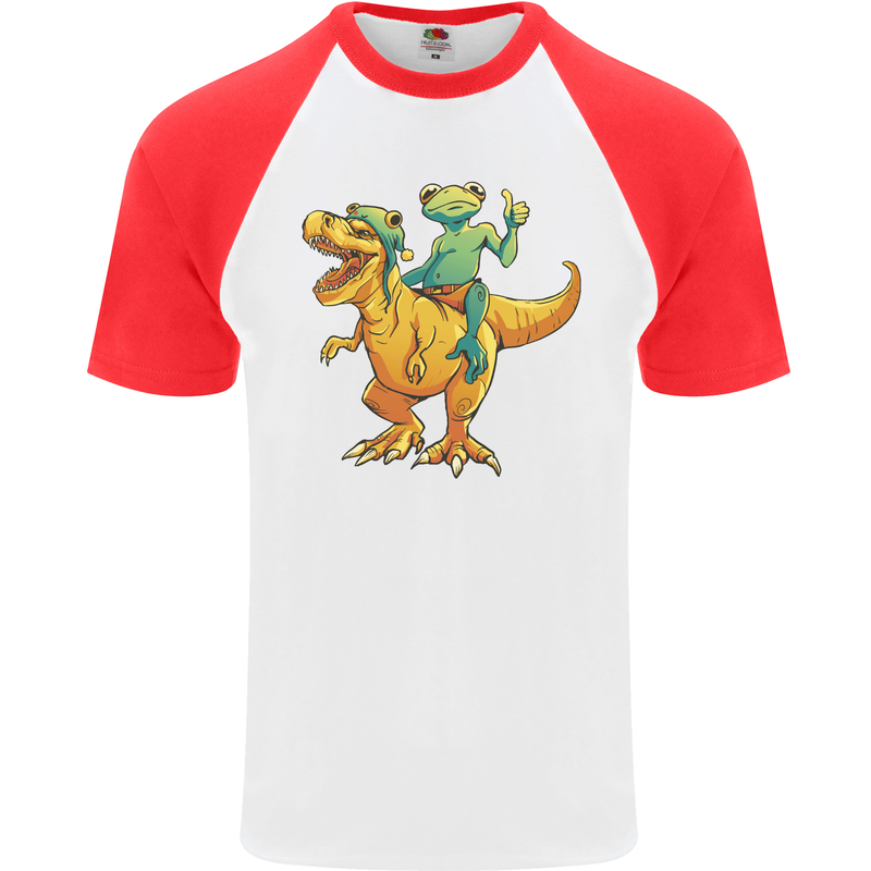 T-Rex and a Frog Dinosaur Mens S/S Baseball T-Shirt White/Red