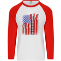 USA Guitar Flag Guitarist Electric Acoustic Mens L/S Baseball T-Shirt White/Red