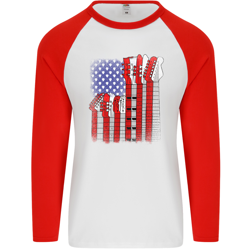 USA Guitar Flag Guitarist Electric Acoustic Mens L/S Baseball T-Shirt White/Red