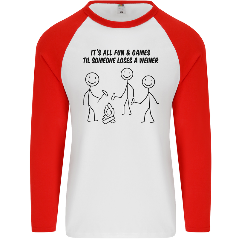 Funny Camping Weiner Mens L/S Baseball T-Shirt White/Red