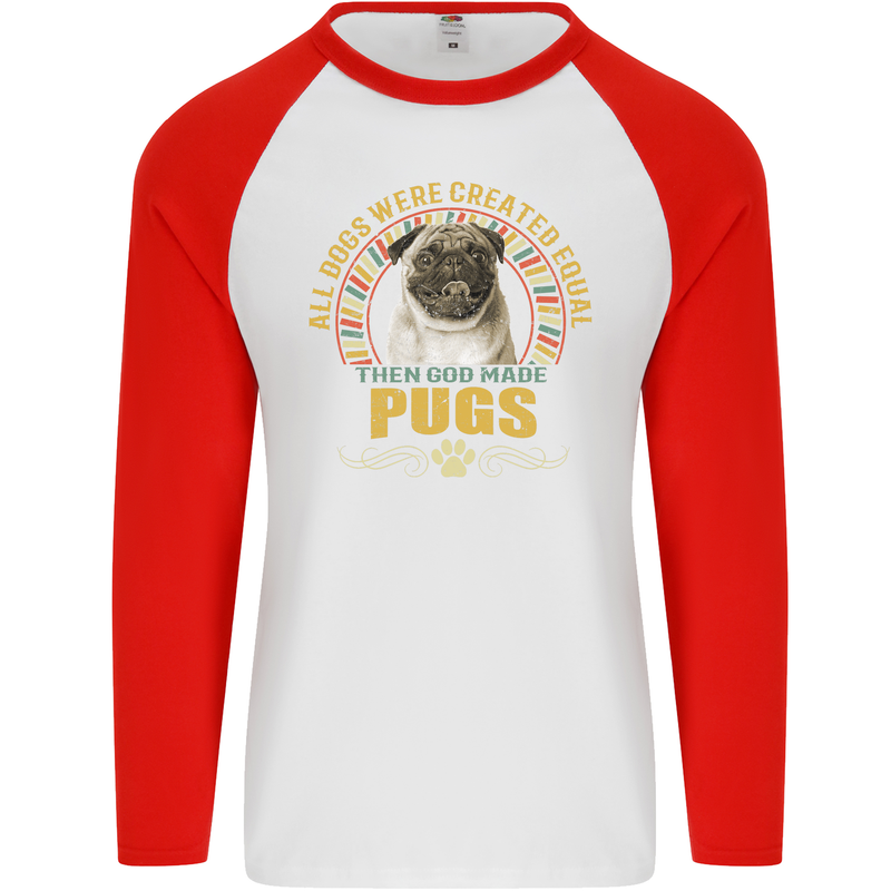 A Pug Dog Mens L/S Baseball T-Shirt White/Red