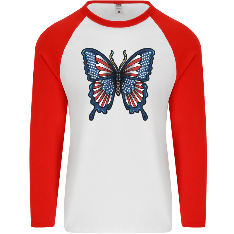 American Butterfly Flag USA July 4th Mens L/S Baseball T-Shirt White/Red