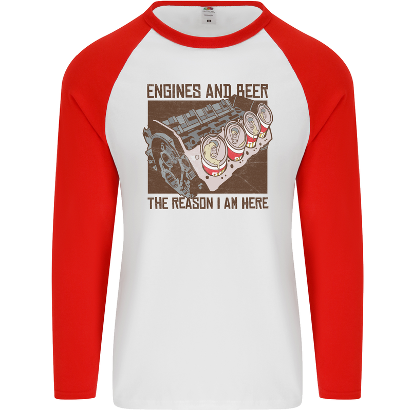 Engines & Beer Cars Hot Rod Mechanic Funny Mens L/S Baseball T-Shirt White/Red