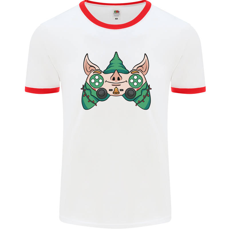 Christmas Elf Video Game Controller Joypad Xmas Mens Ringer T-Shirt White/Red