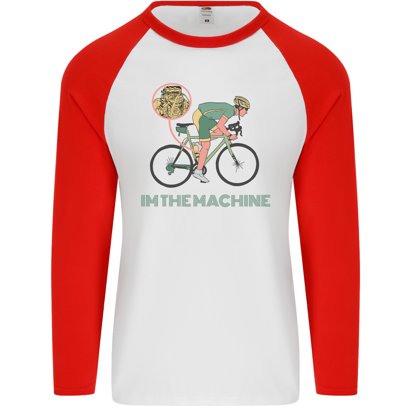 Cycling I'm the Machine Cyclist Funny Mens L/S Baseball T-Shirt White/Red