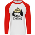 The Woods Calling Camping Trekking Bear Mens L/S Baseball T-Shirt White/Red