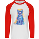 A Colourful Border Collie Dog Design Mens L/S Baseball T-Shirt White/Red