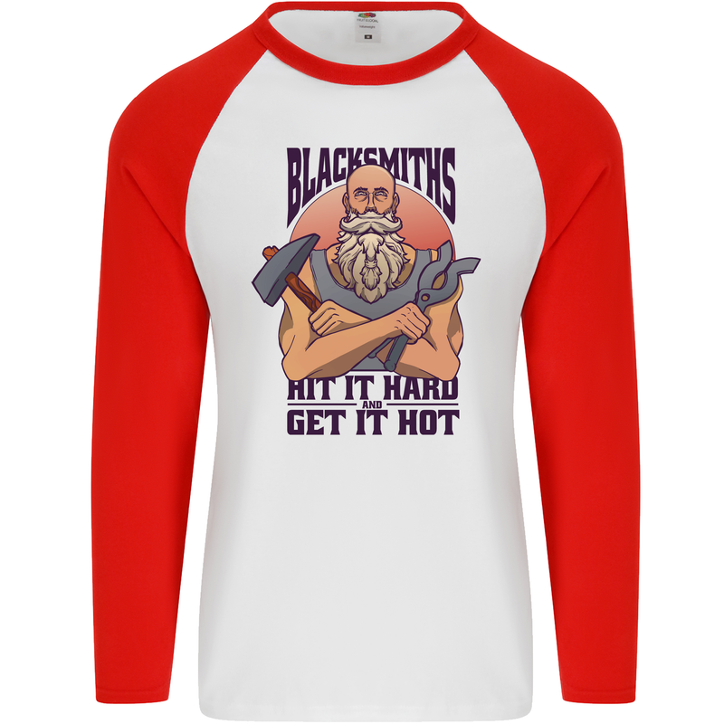 Blacksmiths Hit it Hard and Get it Hot Mens L/S Baseball T-Shirt White/Red